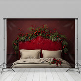 Lofaris Elegant Red Christmas Headboard Photography Backdrop Tufted Bed with Berry Garland Moody Holiday Bedroom Prop